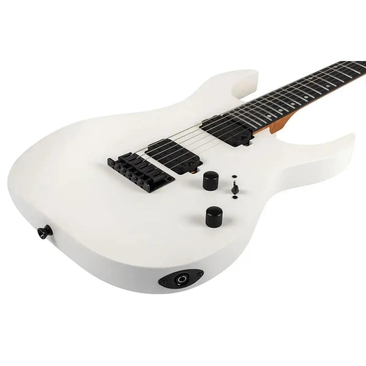 Spira S-400 MWH satin white solid body electric guitar with black hardware and ebony fretboard.