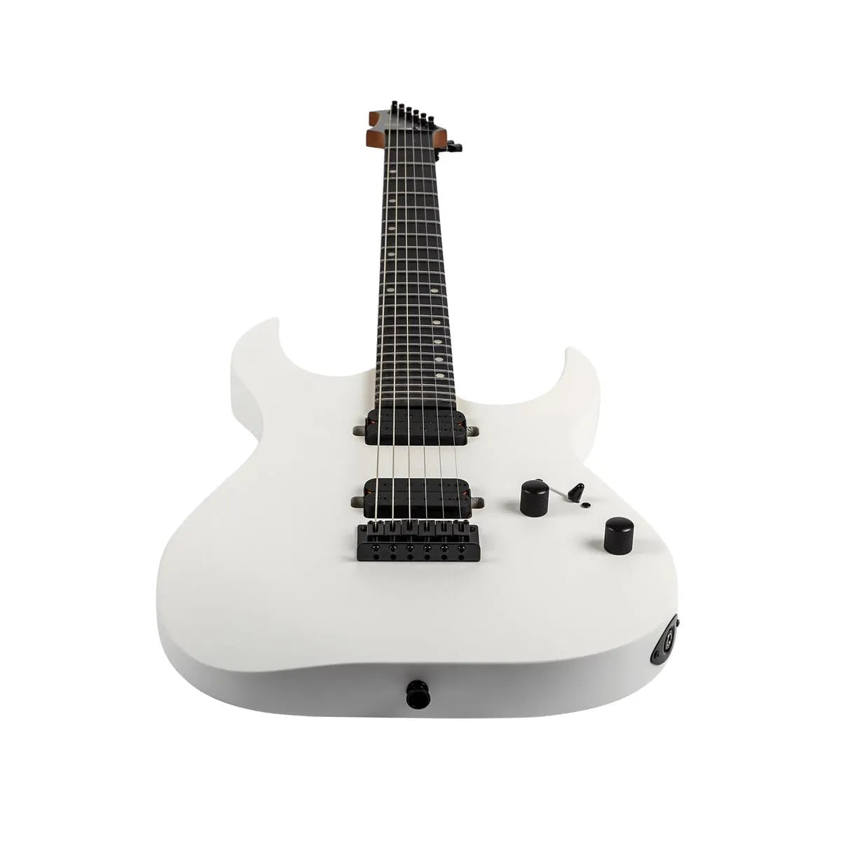 Spira S-400 MWH satin white solid body electric guitar with black hardware and ebony fretboard.