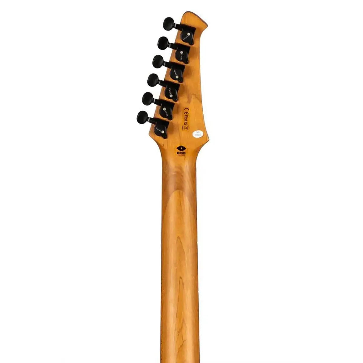 Spira S-400 MWR electric guitar headstock and neck, roasted maple with black locking tuners.