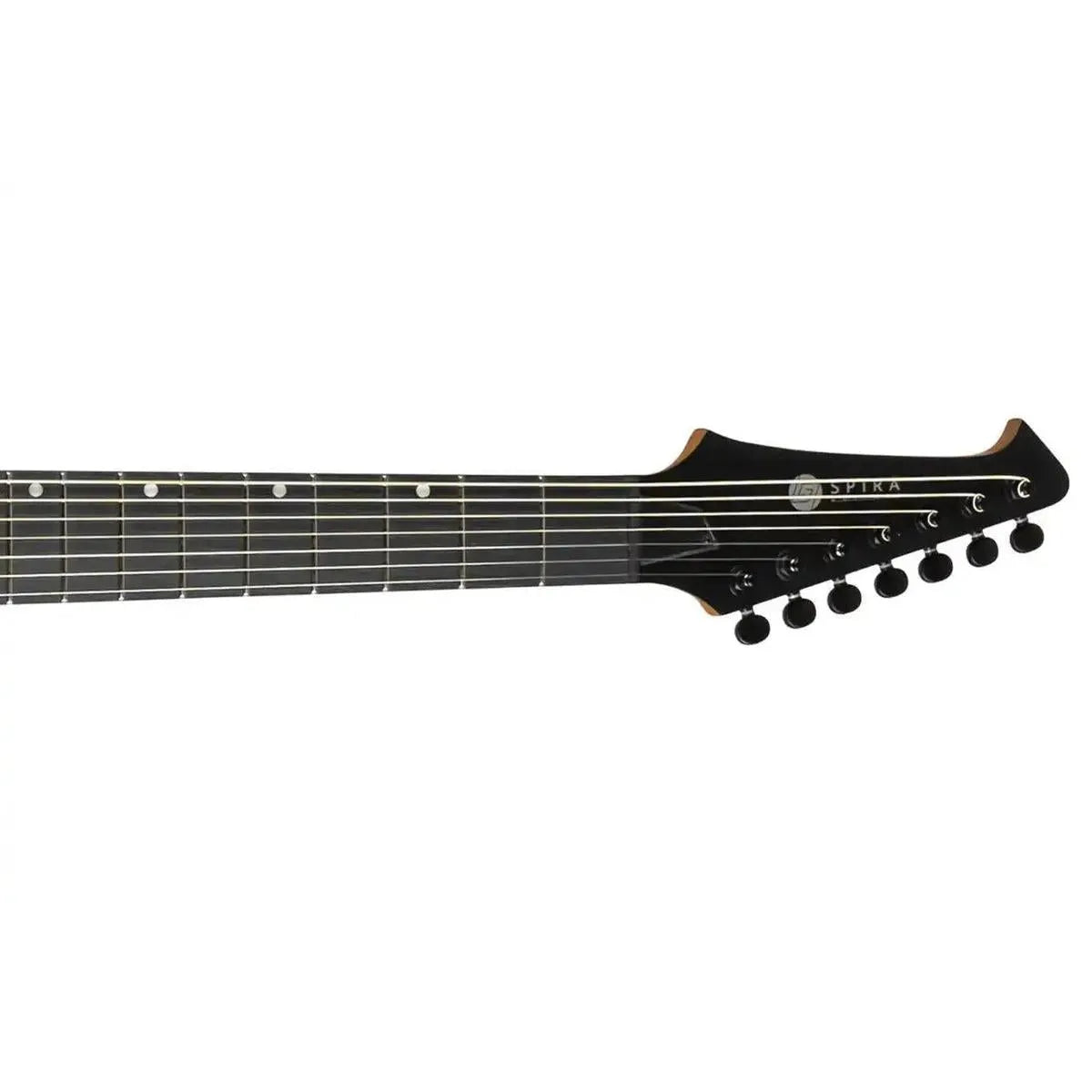 Spira S-407 MBK 7-string electric guitar headstock and fretboard, satin black finish with black tuners.