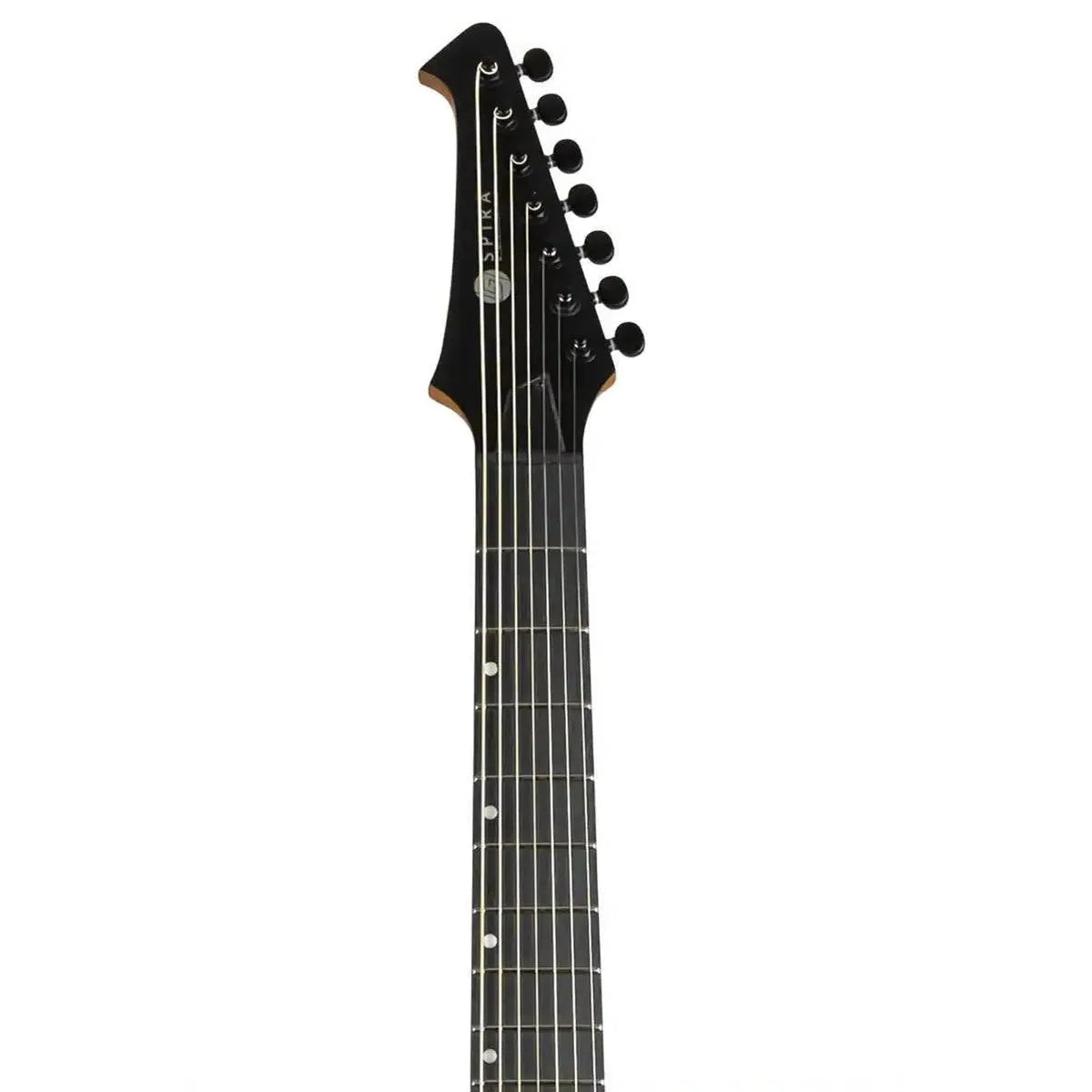 Spira S-407 MBK 7-string electric guitar headstock and fretboard, satin black finish with black tuners.