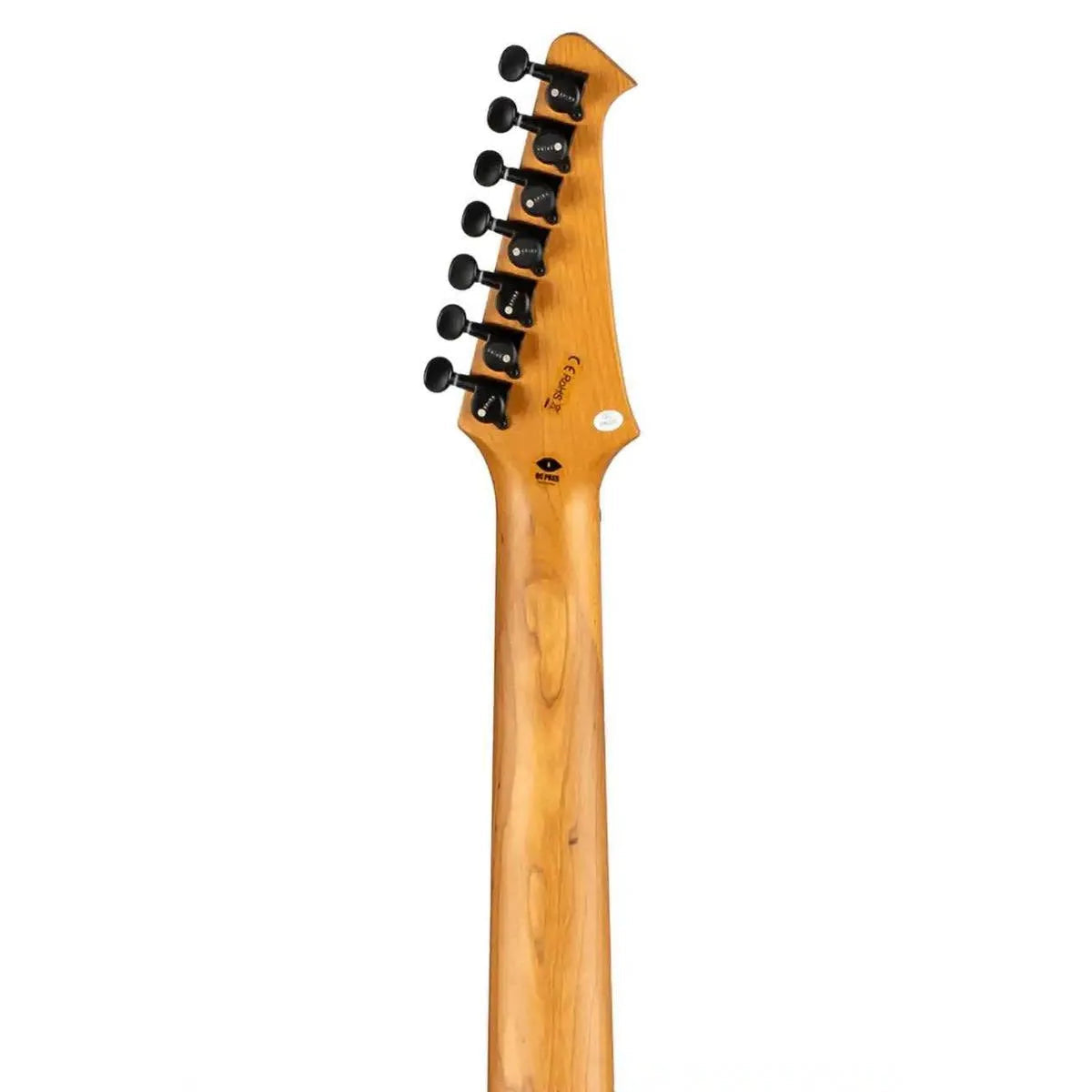 Spira S-407 MBK 7-string electric guitar headstock and roasted maple neck, natural wood finish.