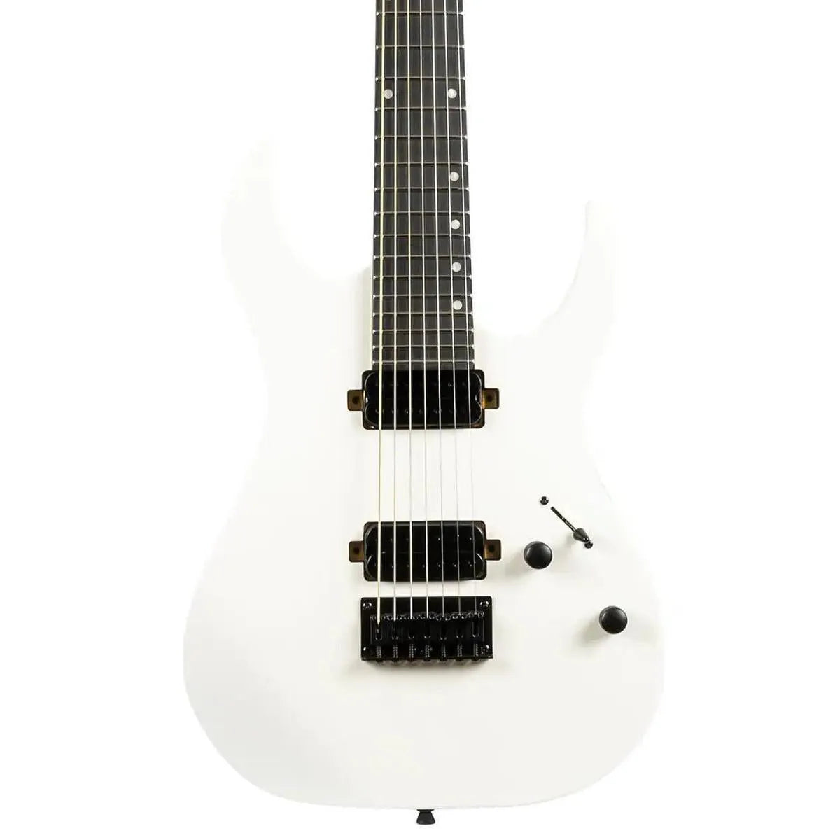 Spira S-407 MWH satin white 7-string Stratocaster electric guitar with black hardware.