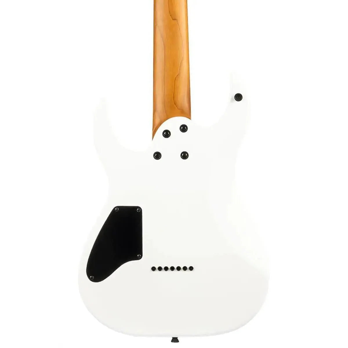 Back of a white Spira S-407 7-string electric guitar with a roasted maple neck.