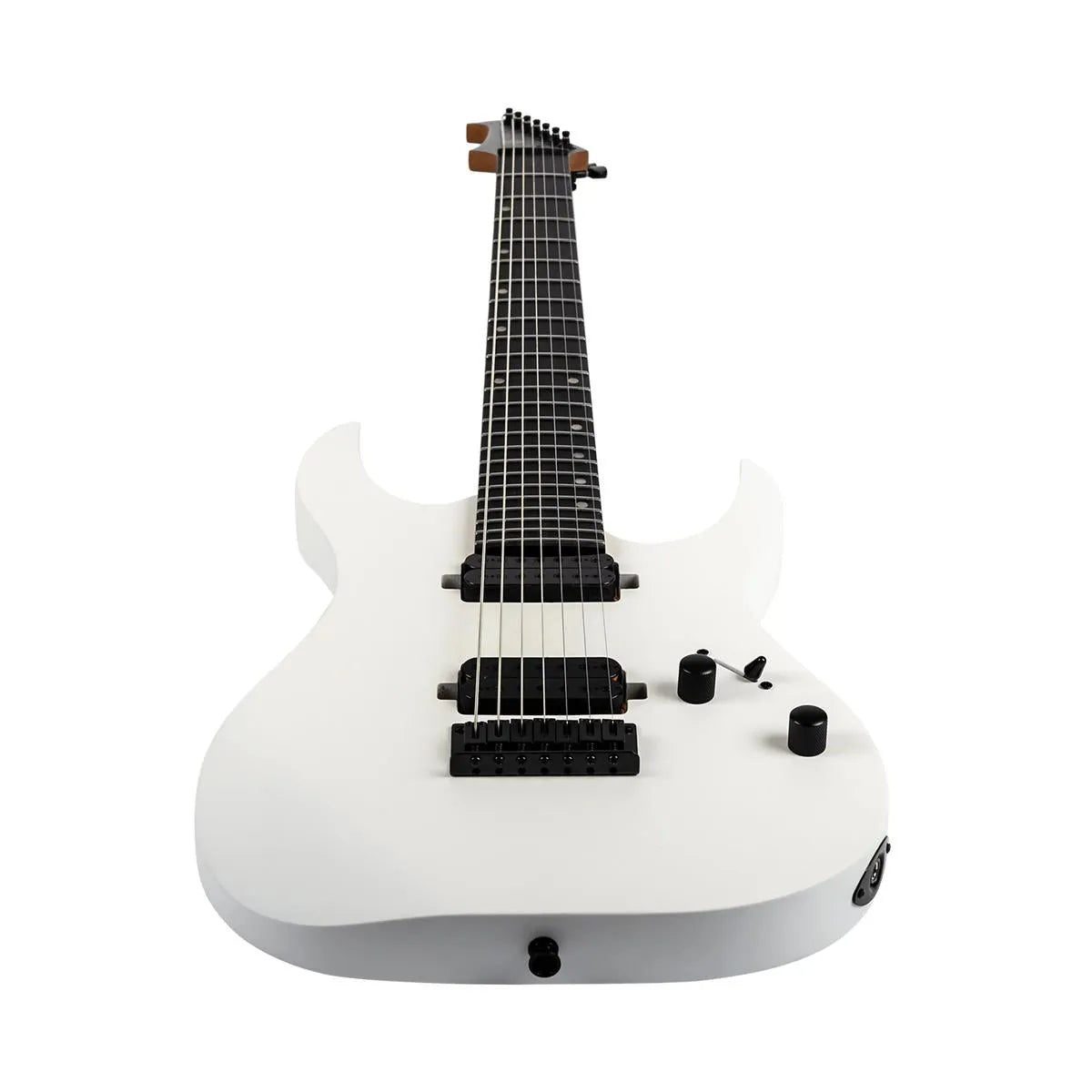 Spira S-407 MWH satin white solid body 7-string Stratocaster electric guitar with black hardware.