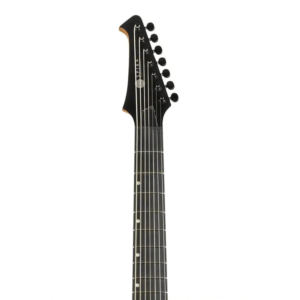 Spira S-407 MWH 7-string electric guitar headstock and fretboard, dark ebony with black tuners.
