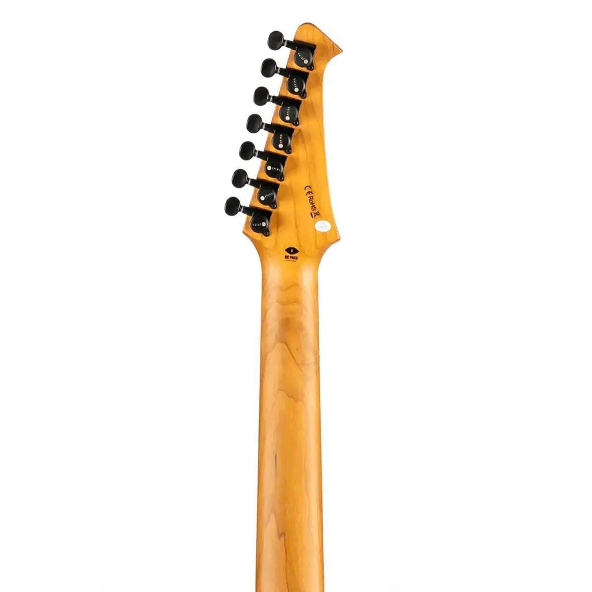 Spira S-407 7-string electric guitar's roasted maple neck and headstock with black tuners.