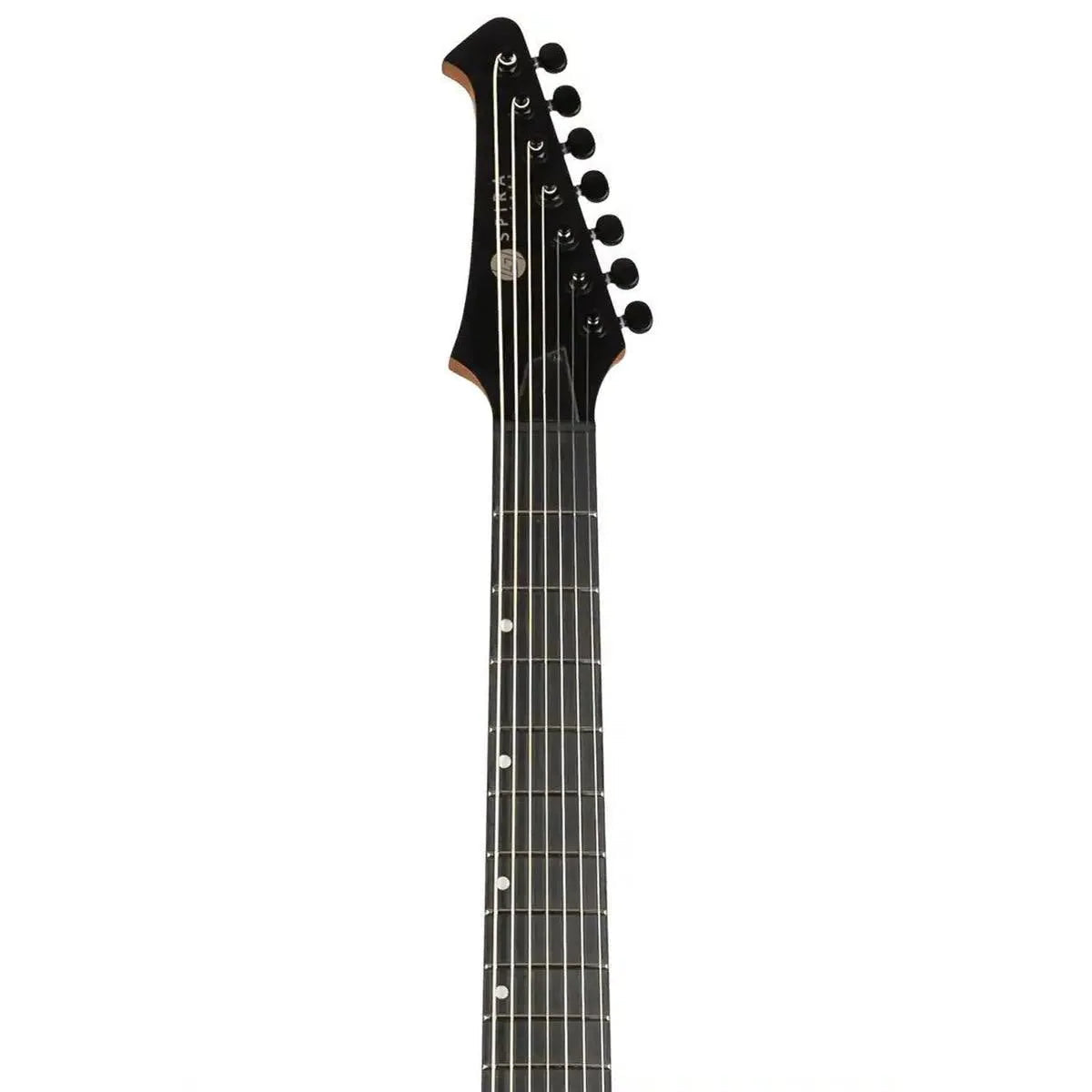 Spira S-407 7-string electric guitar headstock and fretboard with black tuners and ebony tech.