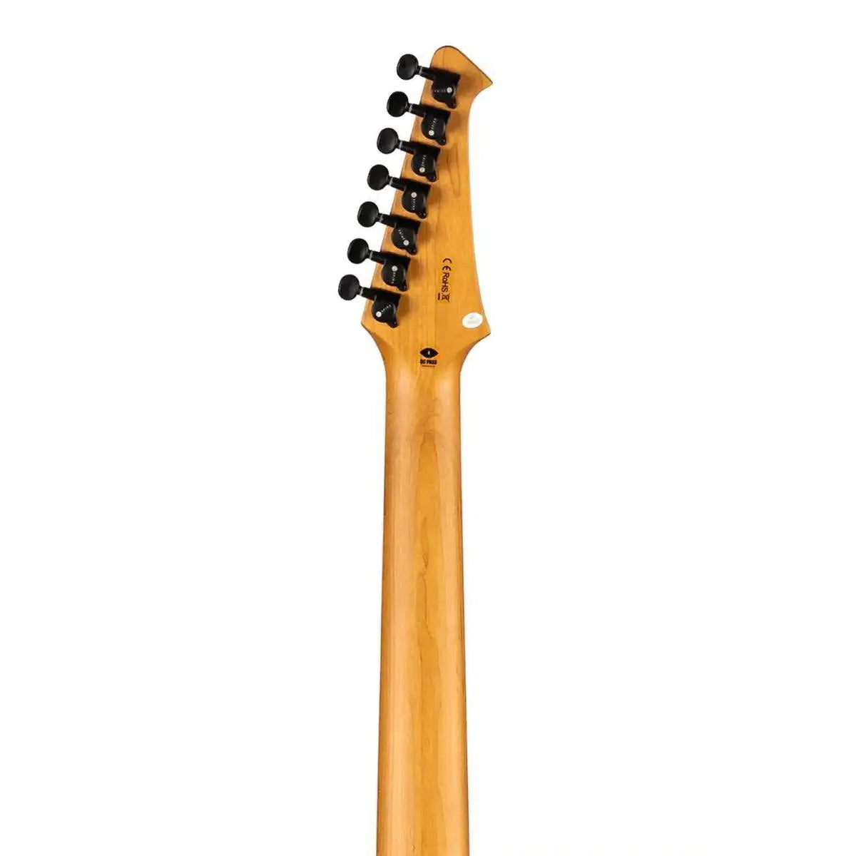Back of Spira S-407 MWR 7-string electric guitar headstock with roasted maple neck and black locking tuners.