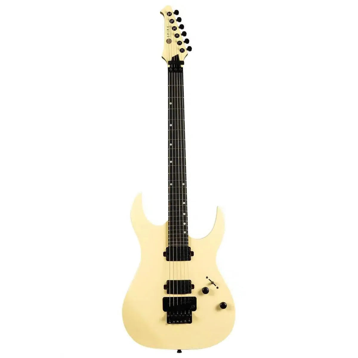 Spira S-420 AWH Alpine White solid body electric guitar with black hardware and ebony fretboard.