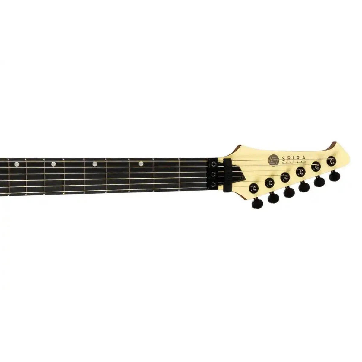Spira S-420 AWH Alpine White electric guitar headstock with black tuning pegs and ebony fretboard.