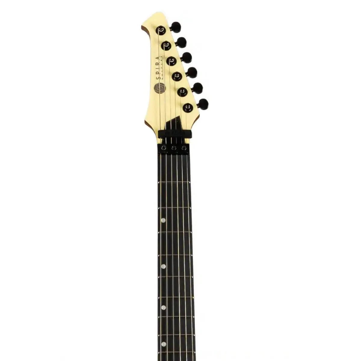 Spira S-420 AWH Alpine White electric guitar headstock with black tuning pegs and ebony fretboard.