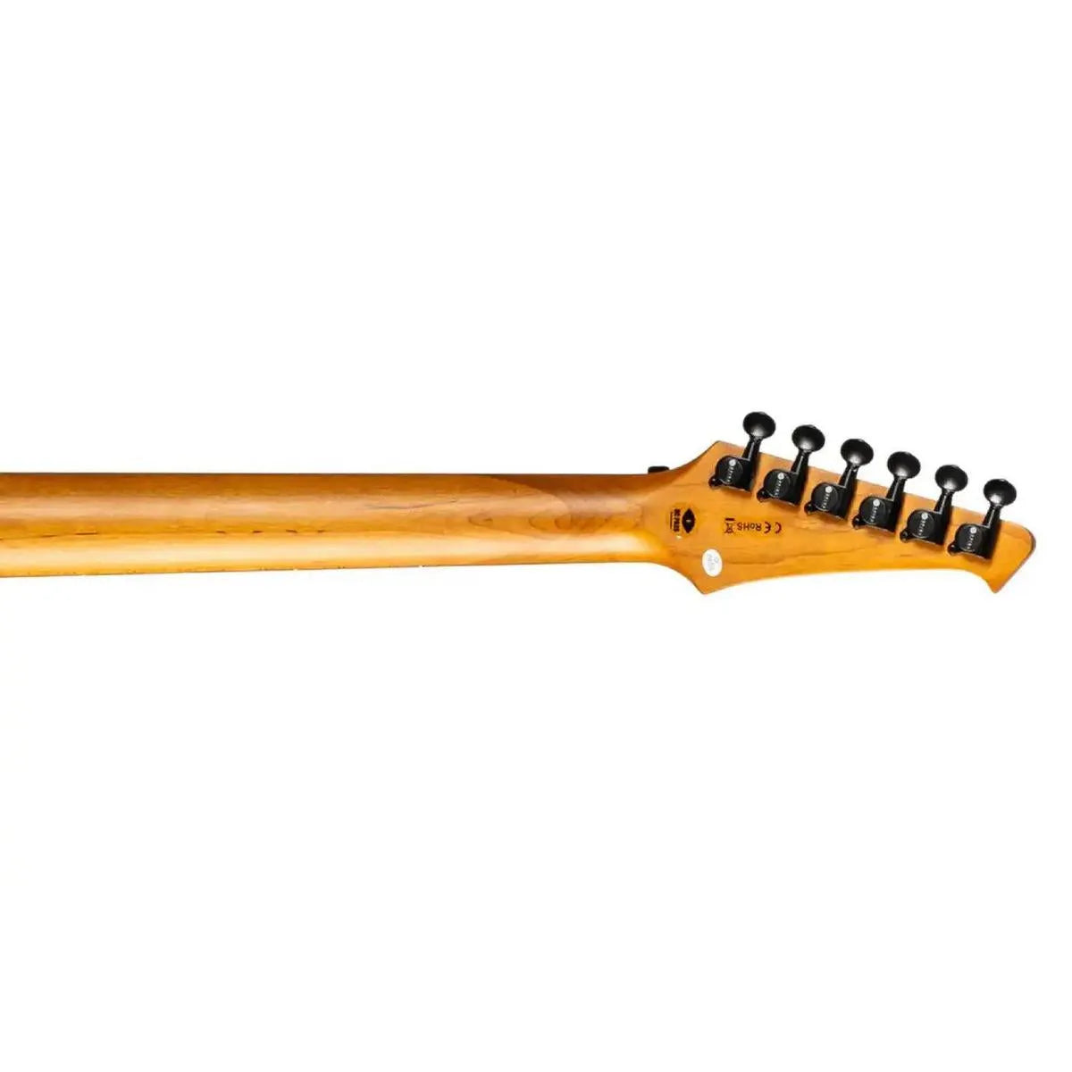 Spira S-420 AWH Stratocaster electric guitar's roasted maple neck and headstock with black tuners.
