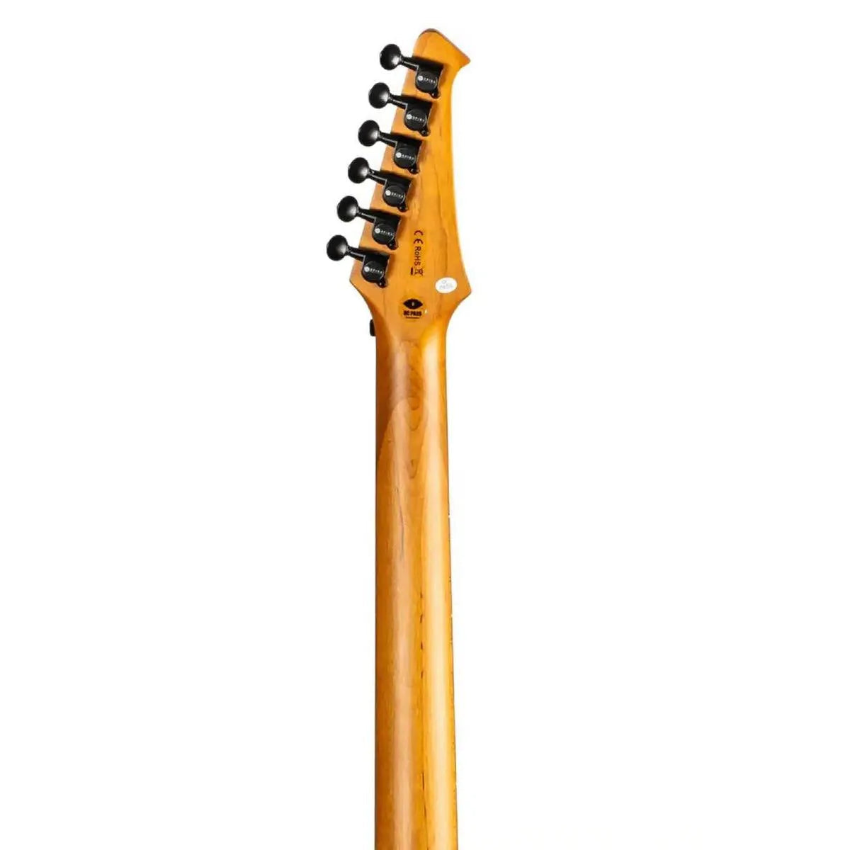 Spira S-420 AWH Stratocaster electric guitar's roasted maple neck and headstock with black tuners.
