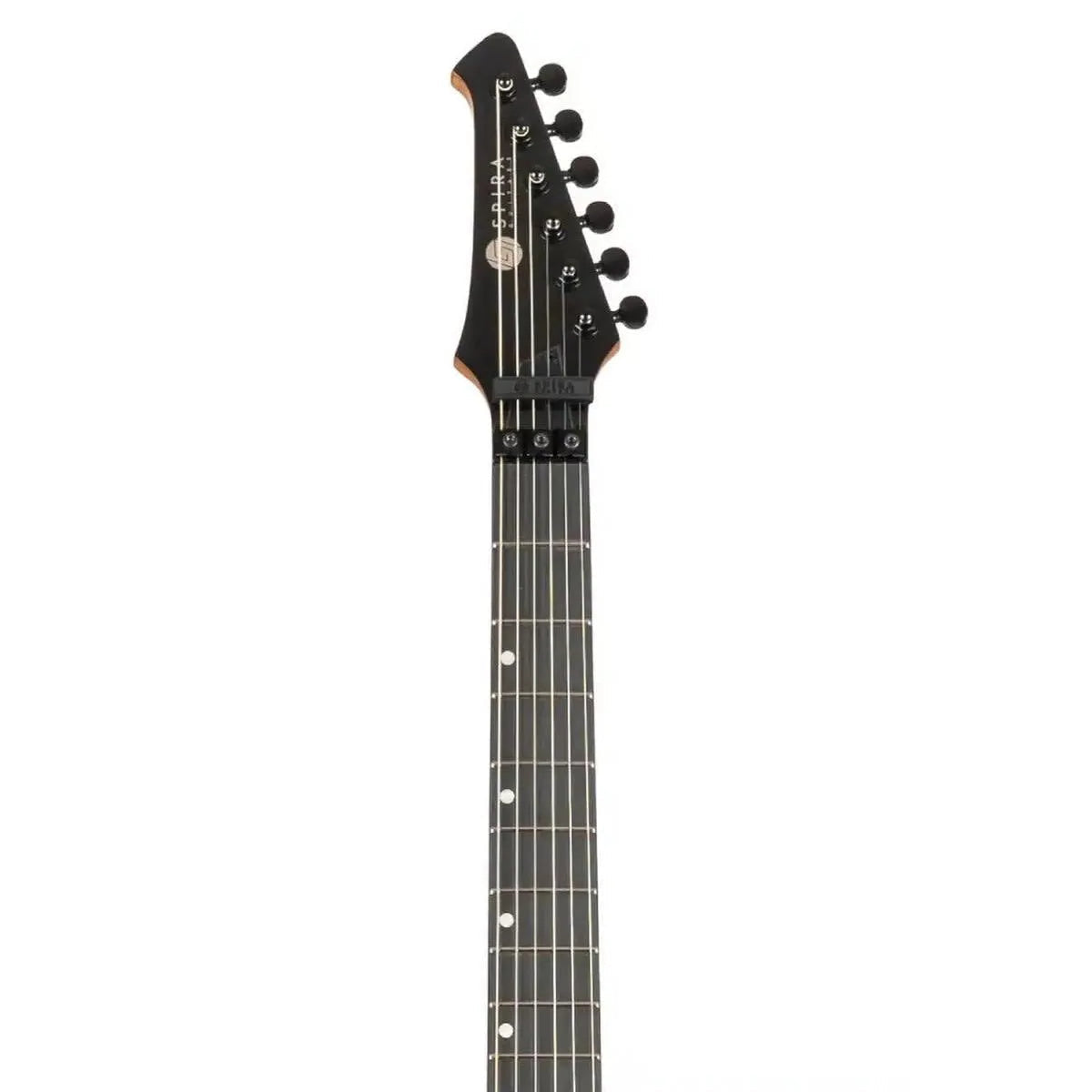 Spira S-420 BK electric guitar headstock and fretboard with black tuners and ebony tech fretboard.