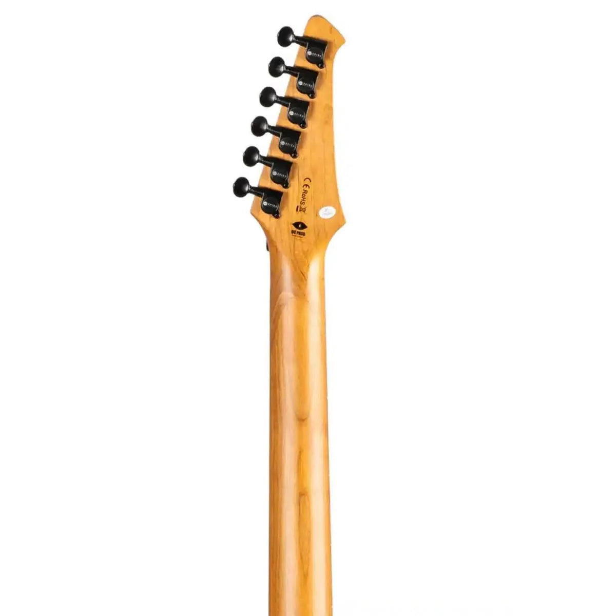 Spira S-420 BK Stratocaster electric guitar's roasted maple neck and black headstock with tuners.
