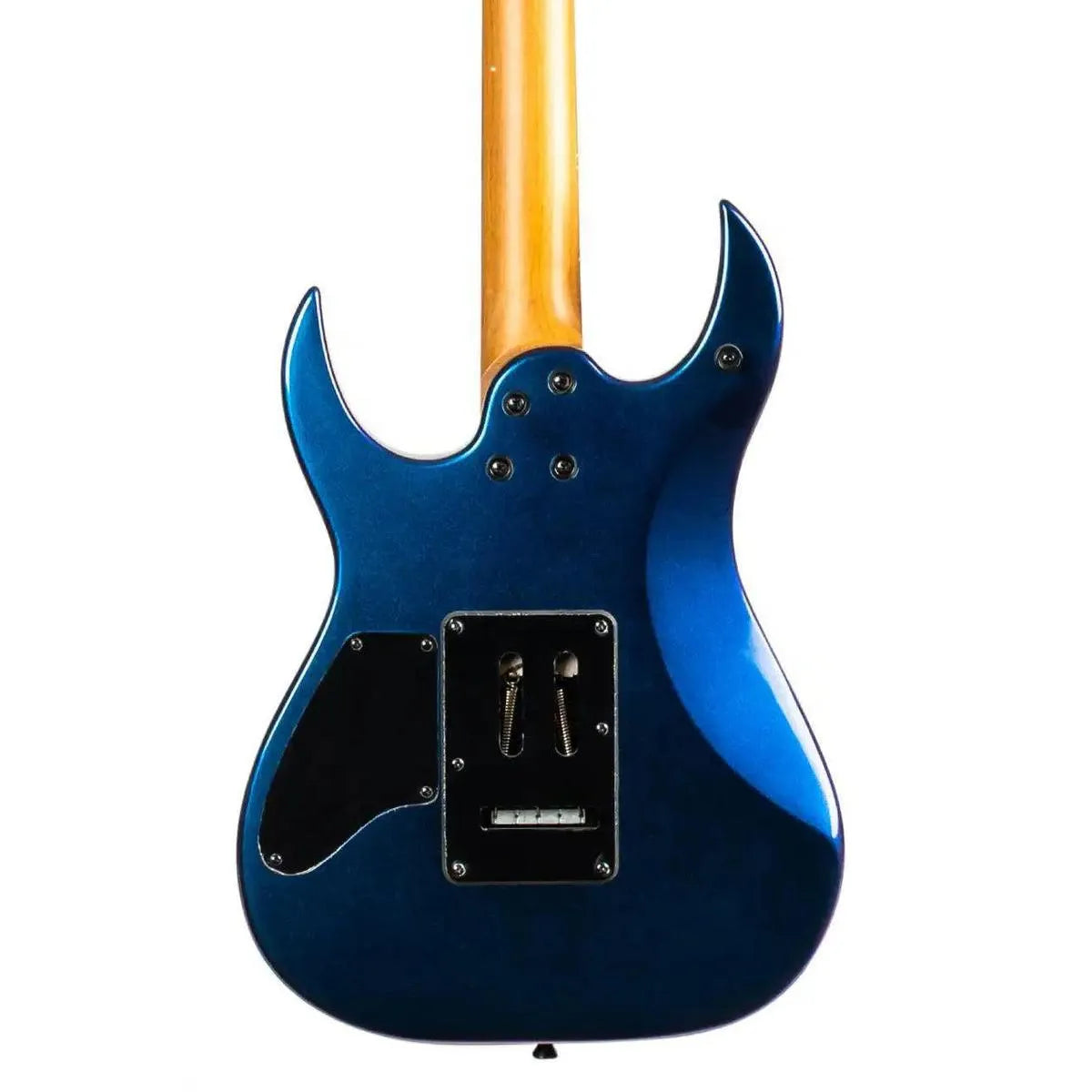 Spira S-420 CHM Chameleon Stratocaster electric guitar, back view, with a gloss chameleon blue finish and roasted maple neck.