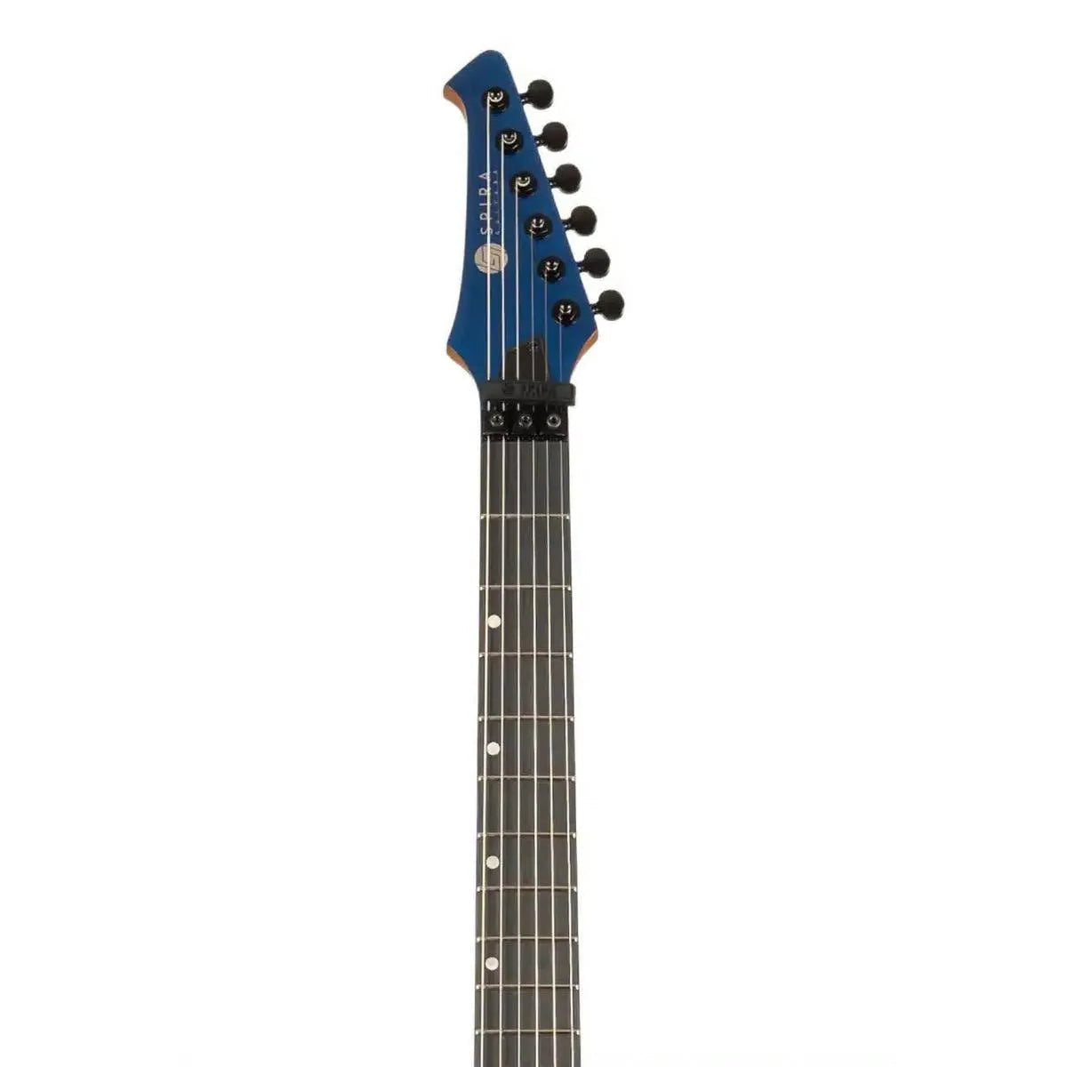 Spira S-420 CHM Chameleon Stratocaster electric guitar headstock and neck, blue gloss finish.