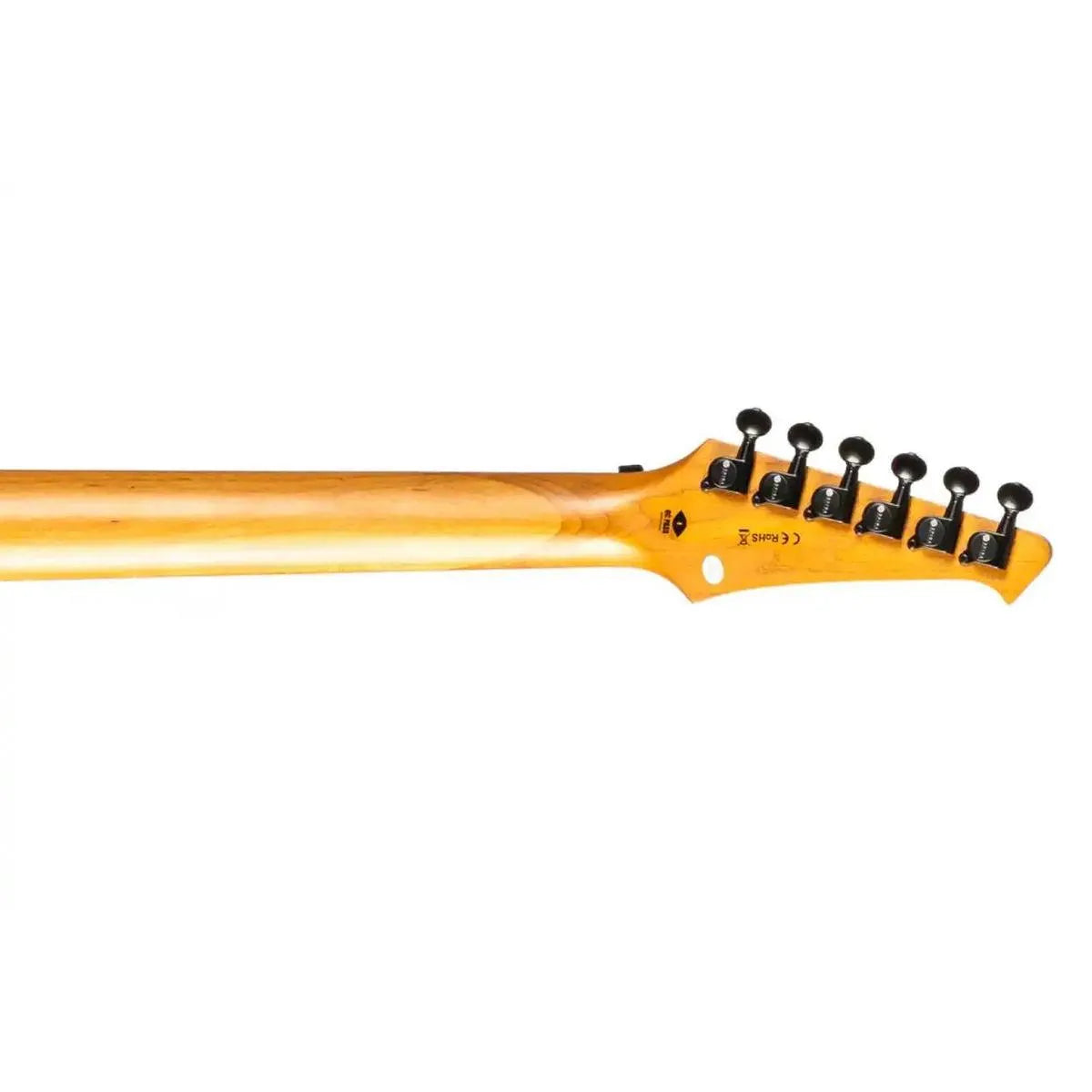 Spira S-420 CHM Stratocaster electric guitar's roasted maple neck and black headstock with tuners.