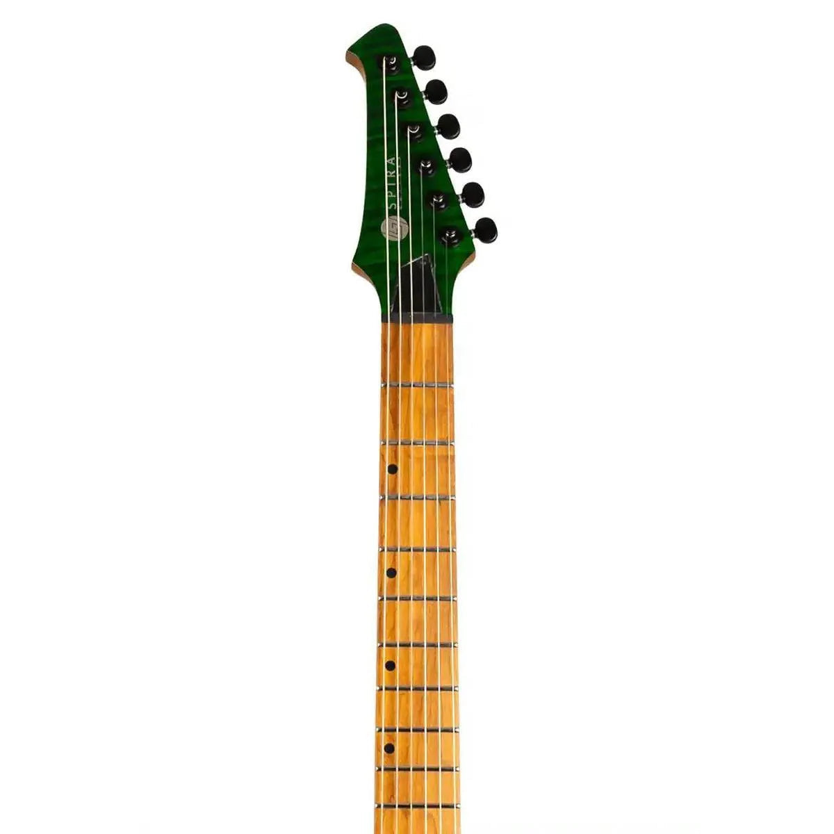 Spira S-450 TGR electric guitar headstock and neck with transparent green finish, black tuners, and roasted maple fretboard.