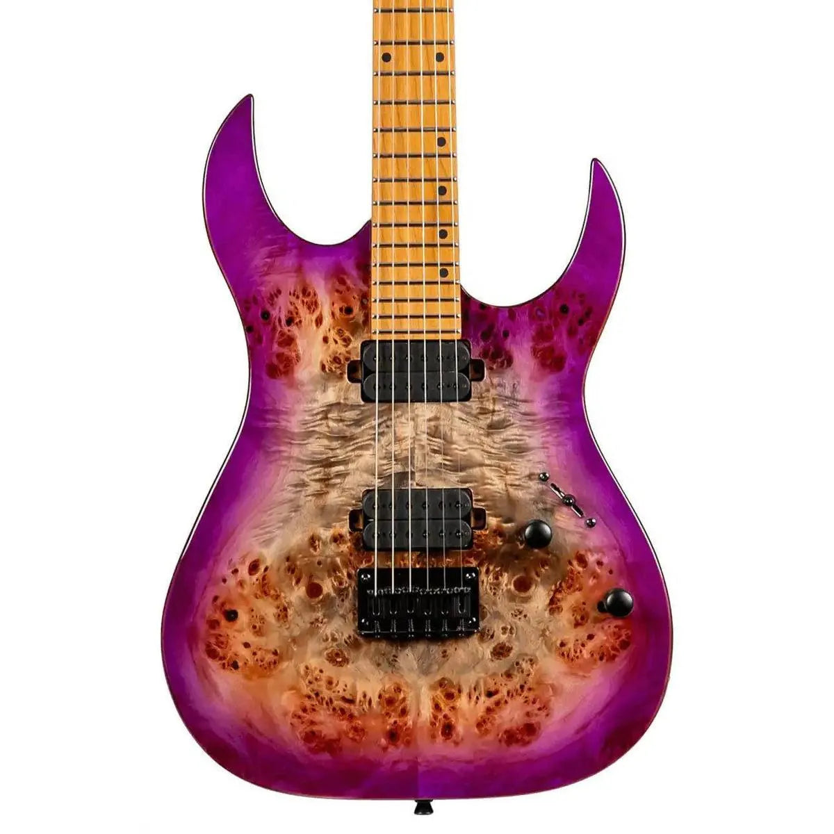 Spira S-450 TPP electric guitar with transparent purple finish, burl poplar top, and roasted maple neck.