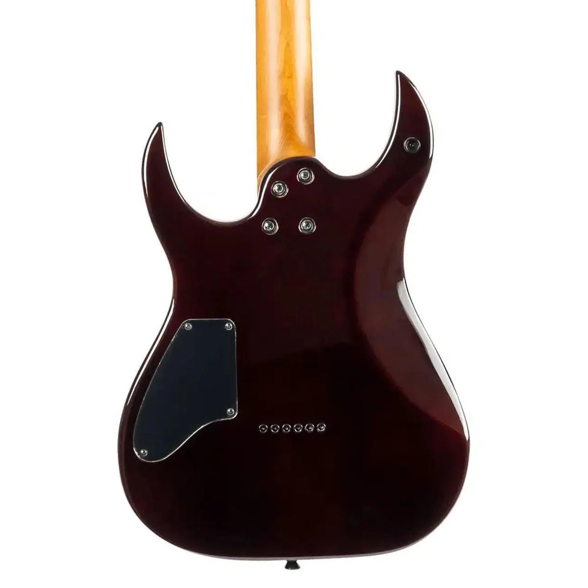 Back of Spira S-450 TPP transparent purple solid body electric guitar with roasted maple neck.