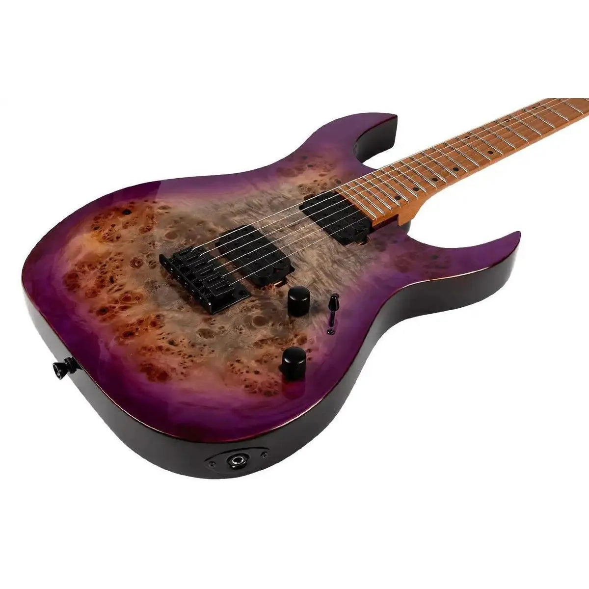 Spira S-450 TPP electric guitar with transparent purple gloss finish over burl poplar top and roasted maple neck.