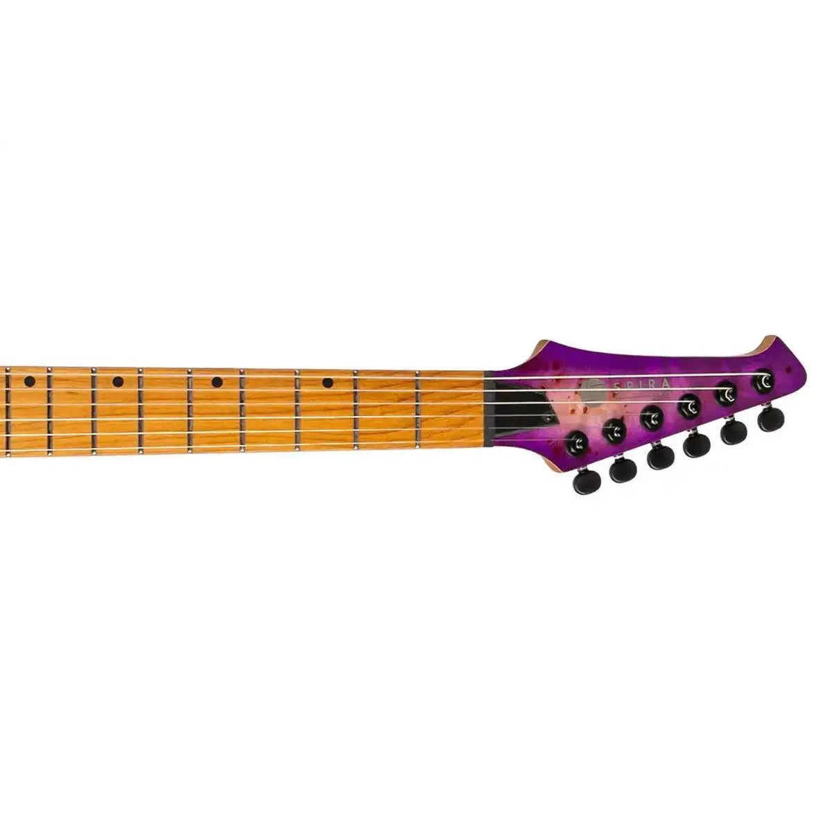 Spira S-450 TPP electric guitar headstock and roasted maple neck with transparent purple finish.