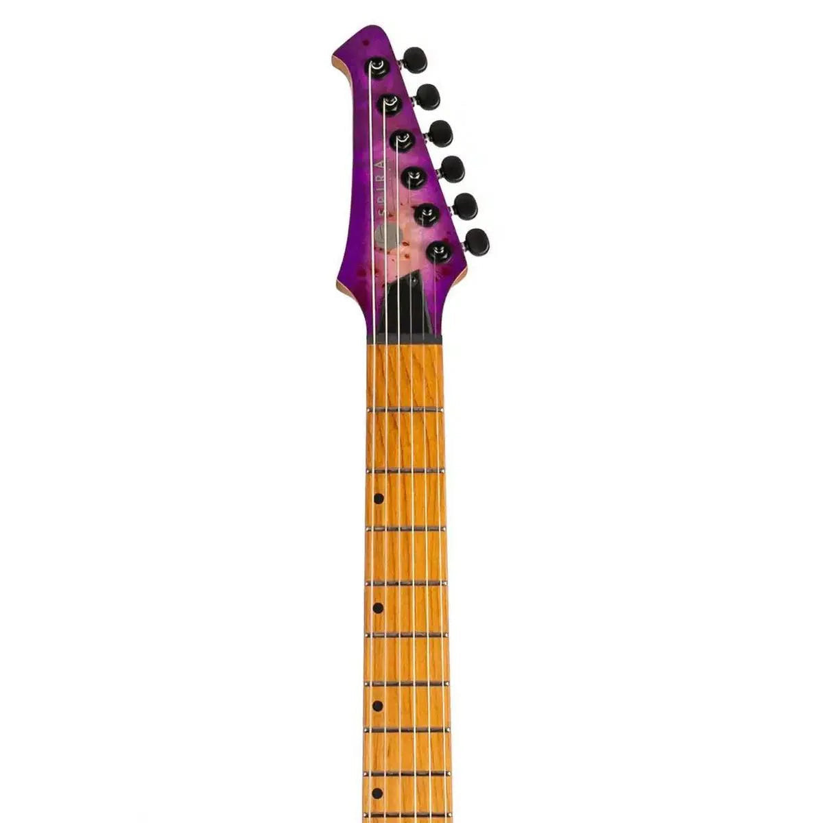 Spira S-450 TPP electric guitar headstock and roasted maple neck with transparent purple finish.