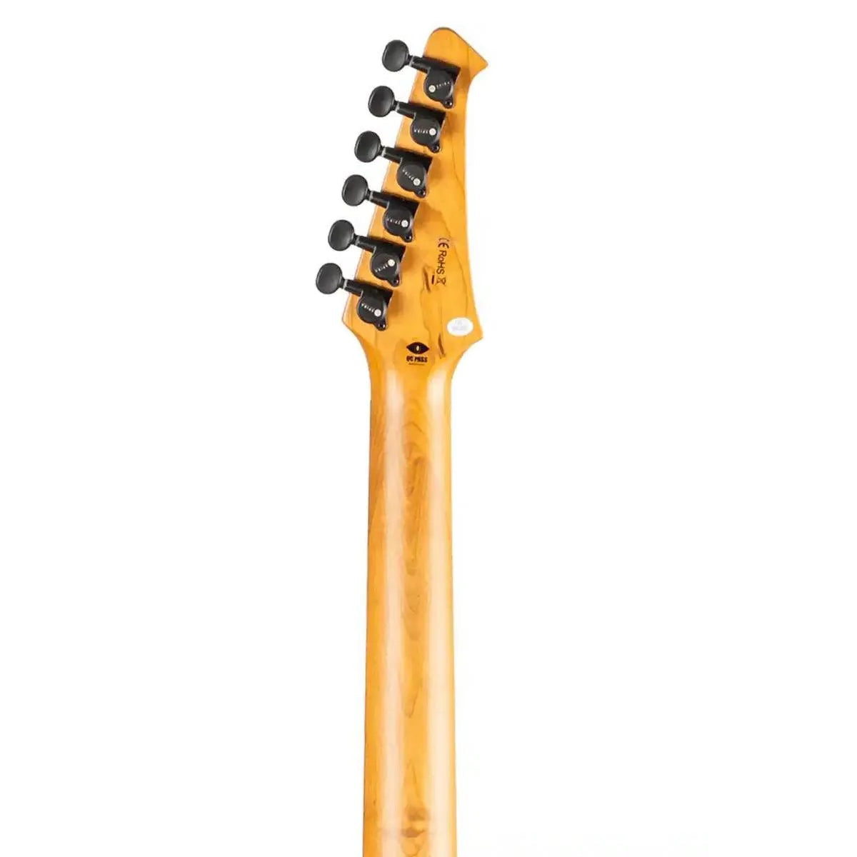 Spira S-450 TPP electric guitar's roasted maple neck and headstock with black tuners.