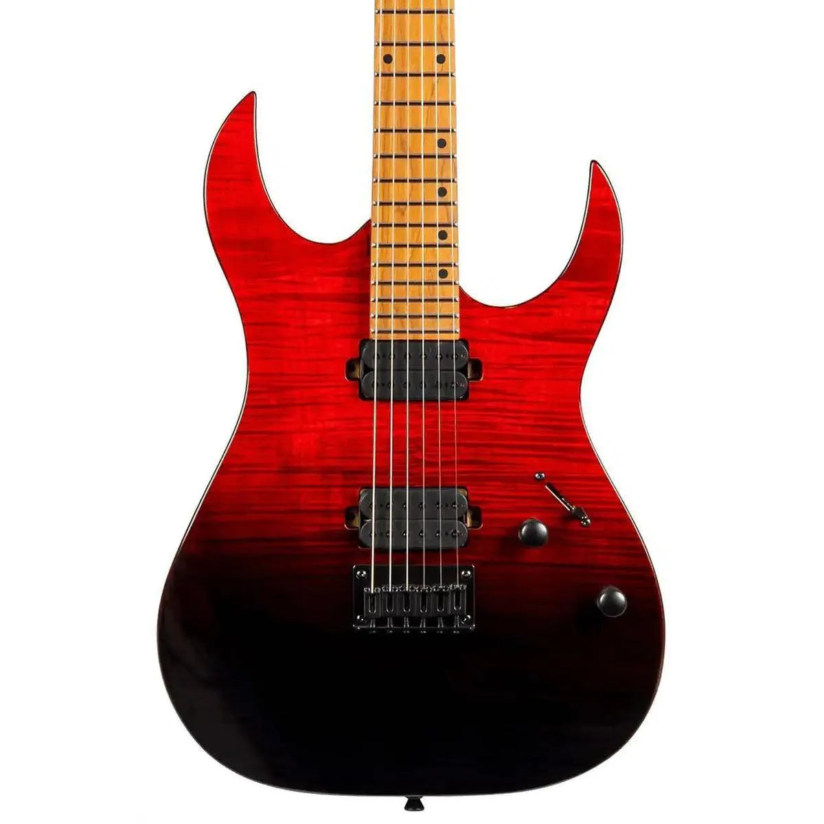Spira S-450 TRD electric guitar with transparent red and black flamed maple top, roasted maple fretboard.