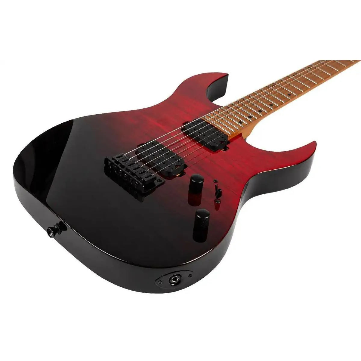 Spira S-450 TRD electric guitar with transparent red and black solid body, flamed maple top.