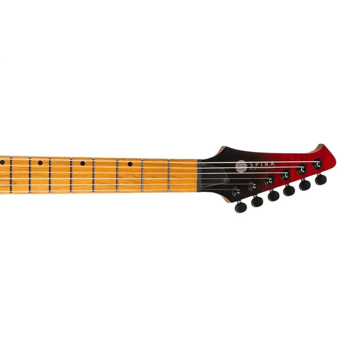 Spira S-450 TRD electric guitar headstock and fretboard, featuring transparent red and black finish.