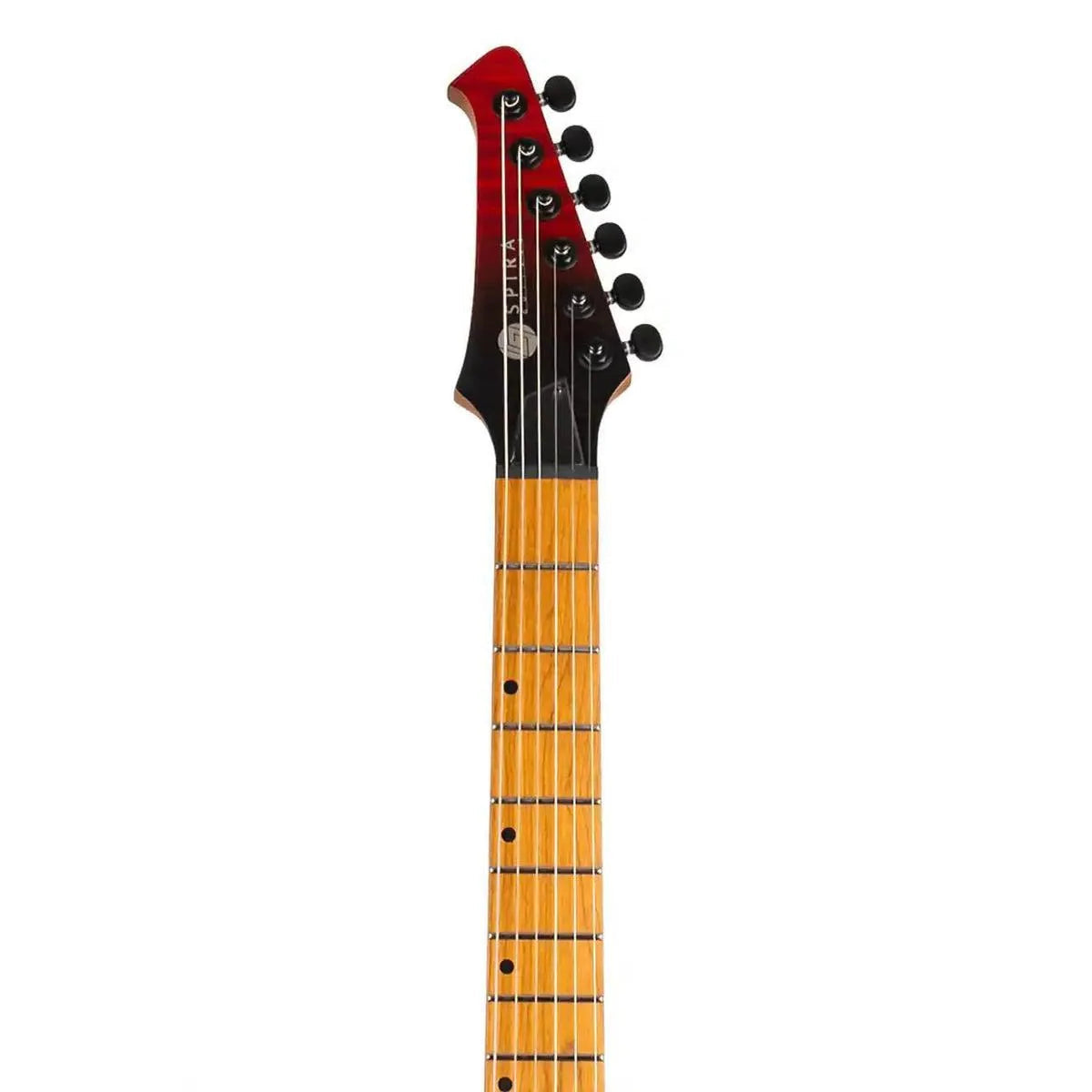 Spira S-450 TRD electric guitar headstock and fretboard, featuring transparent red and black finish.