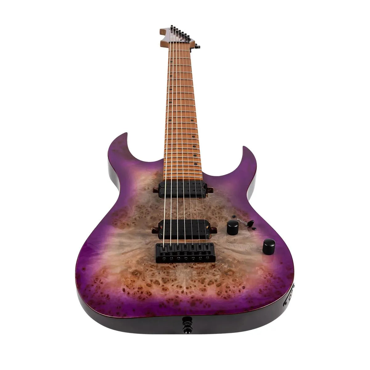Spira S-457 TPP 7-string Stratocaster electric guitar with transparent purple flamed maple top.