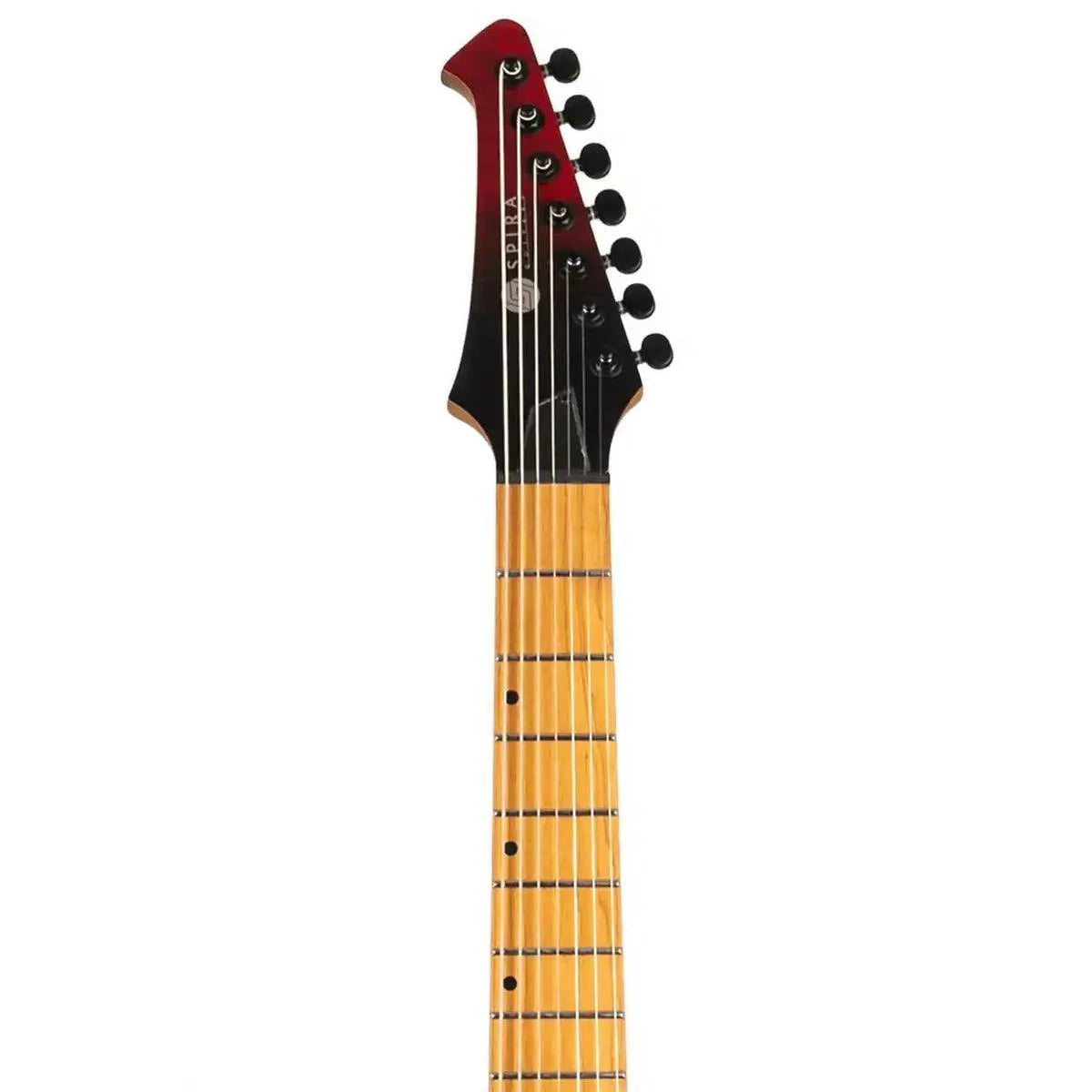 Spira S-457 TRD 7-string electric guitar headstock and roasted maple fretboard.