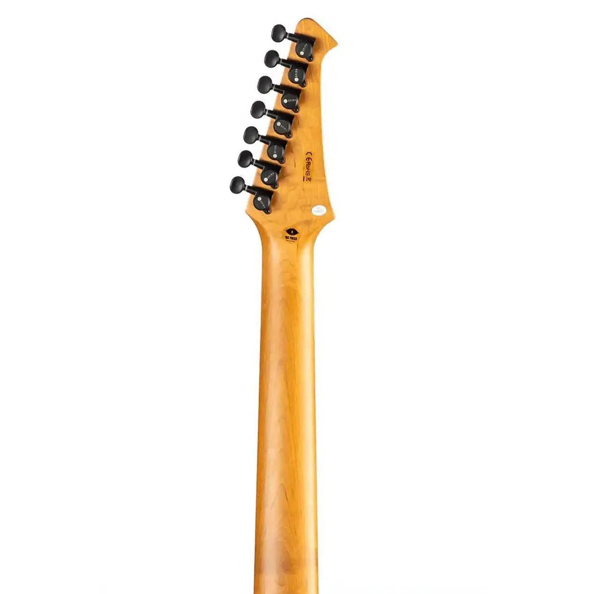 Spira S-457 TRD 7-string electric guitar headstock and neck, light wood with black tuners.