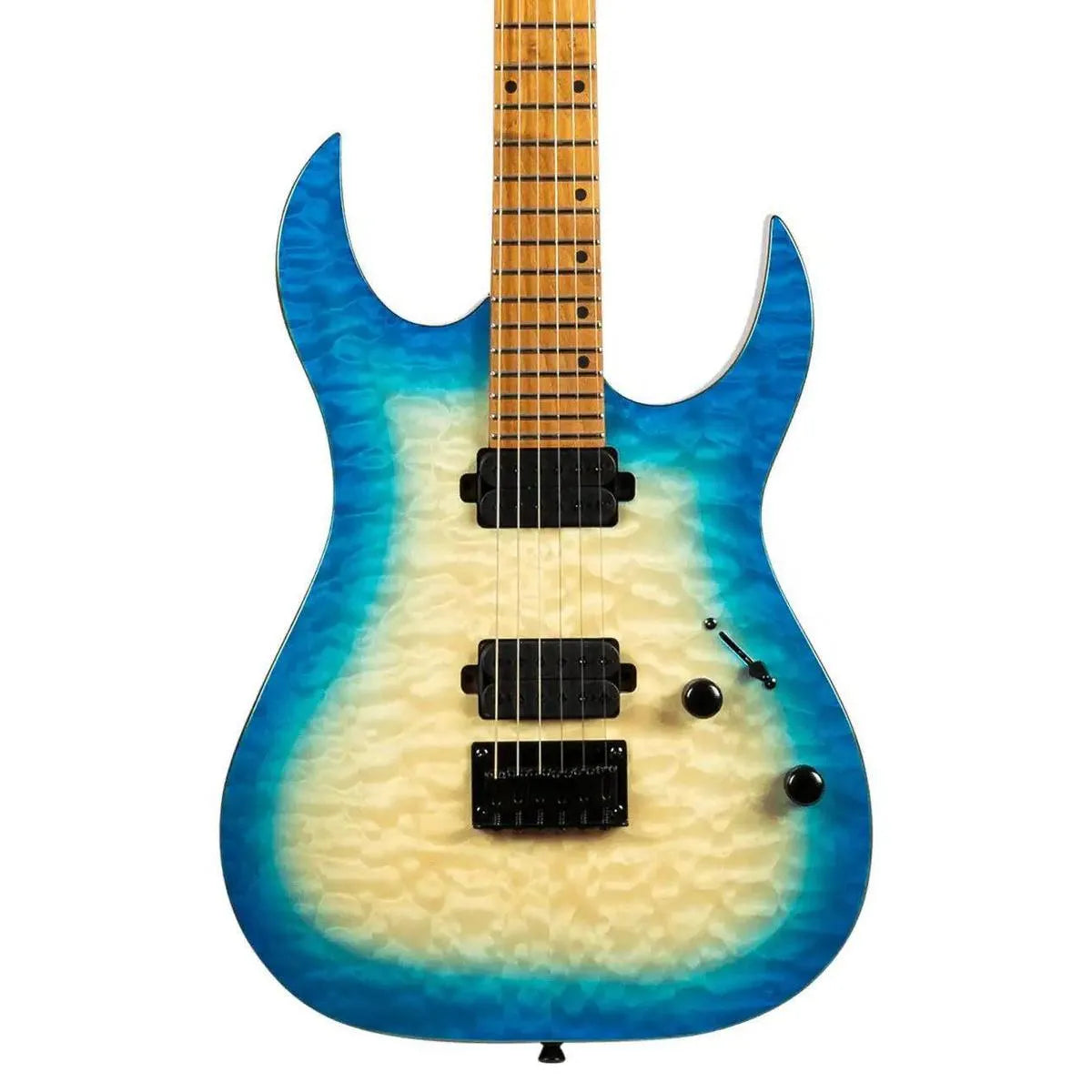 Spira S-500 QAB Stratocaster electric guitar with transparent aqua blue quilted maple top.