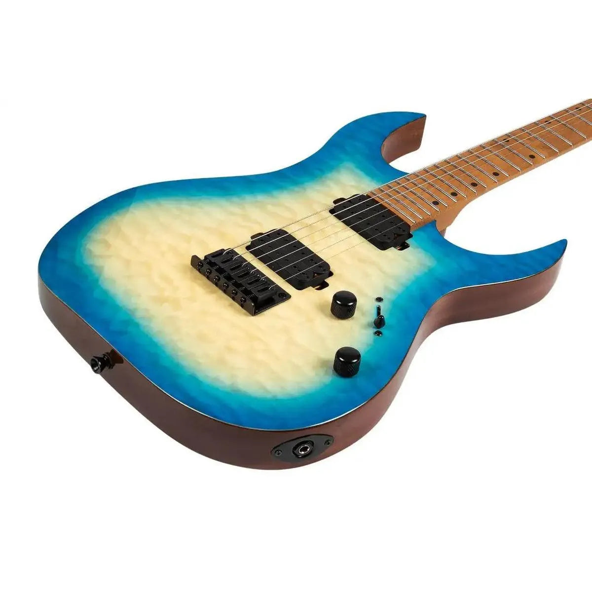 Spira S-500 QAB Stratocaster electric guitar with transparent aqua blue quilted maple top and roasted maple neck.