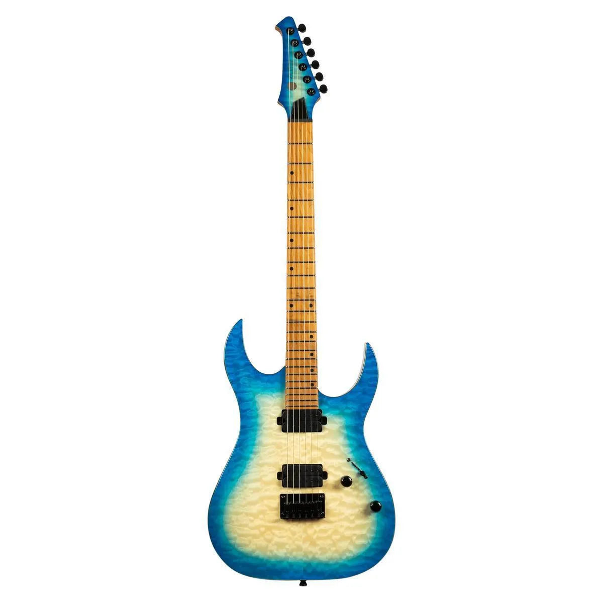 Spira S-500 QAB Stratocaster electric guitar with transparent aqua blue quilted maple top.
