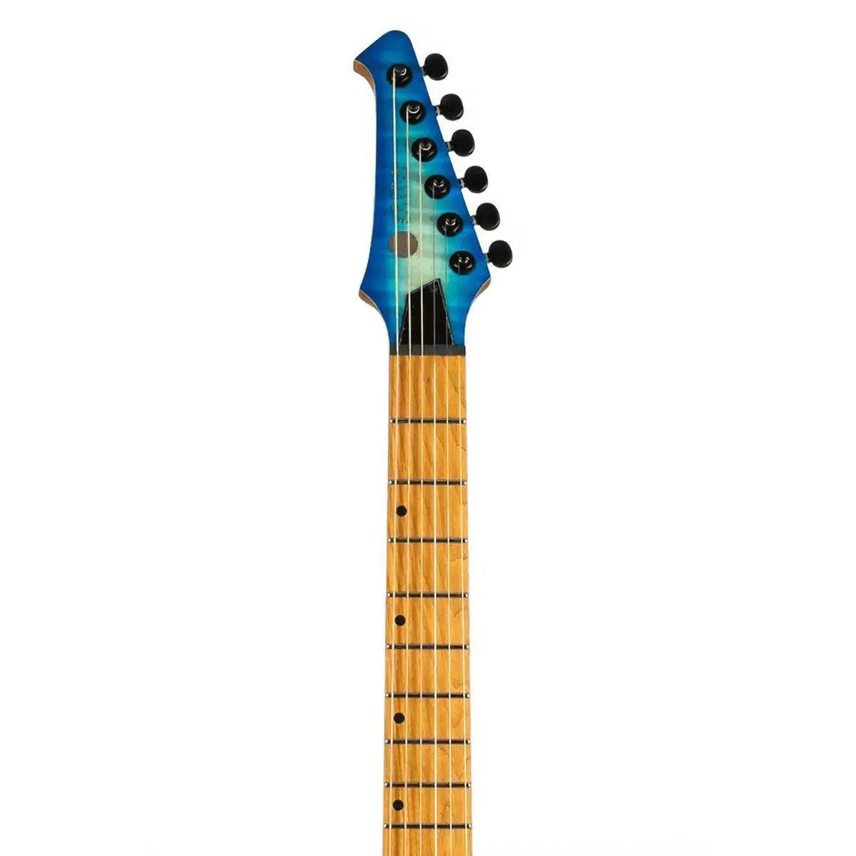 Spira S-500 QAB electric guitar headstock and roasted maple fretboard in transparent aqua blue.