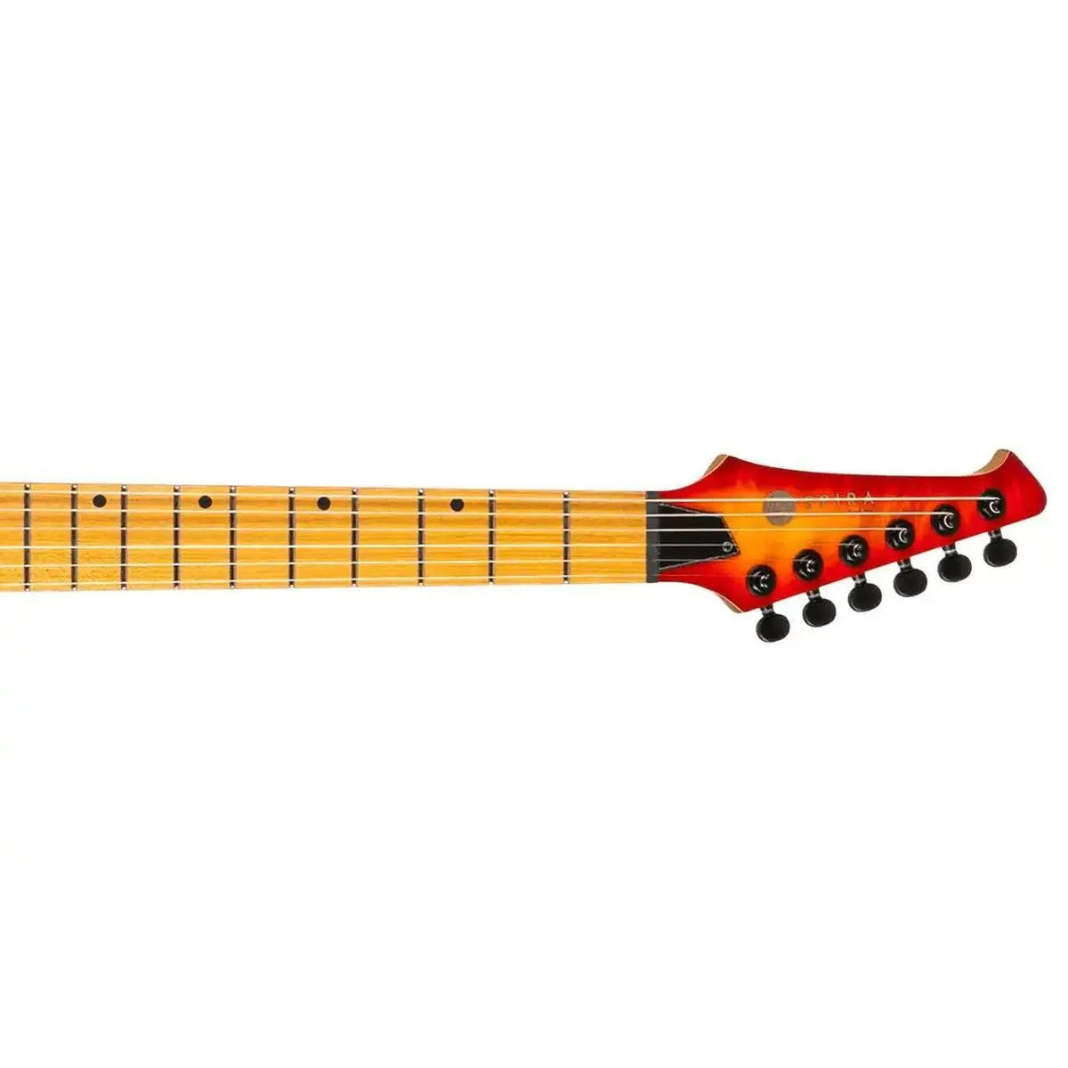 Spira S-500 QFB Fireburst Stratocaster electric guitar headstock with roasted maple neck and fretboard.