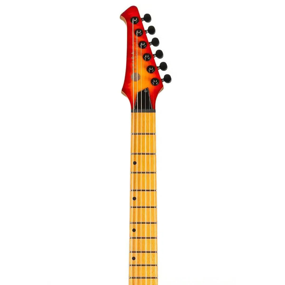 Spira S-500 QFB Fireburst Stratocaster electric guitar headstock with roasted maple neck and fretboard.