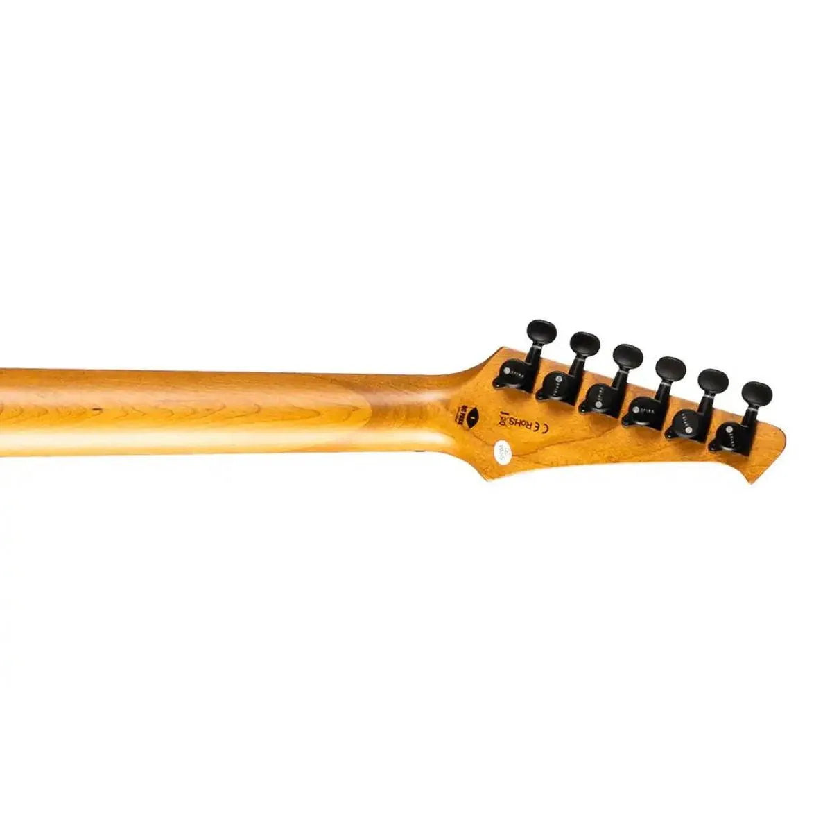 Spira S-500 QFB Fireburst Stratocaster electric guitar's roasted maple neck and headstock with black tuners.
