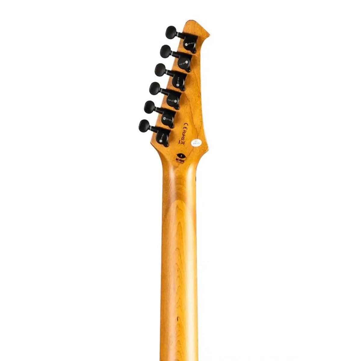 Spira S-500 QFB Fireburst Stratocaster electric guitar's roasted maple neck and headstock with black tuners.