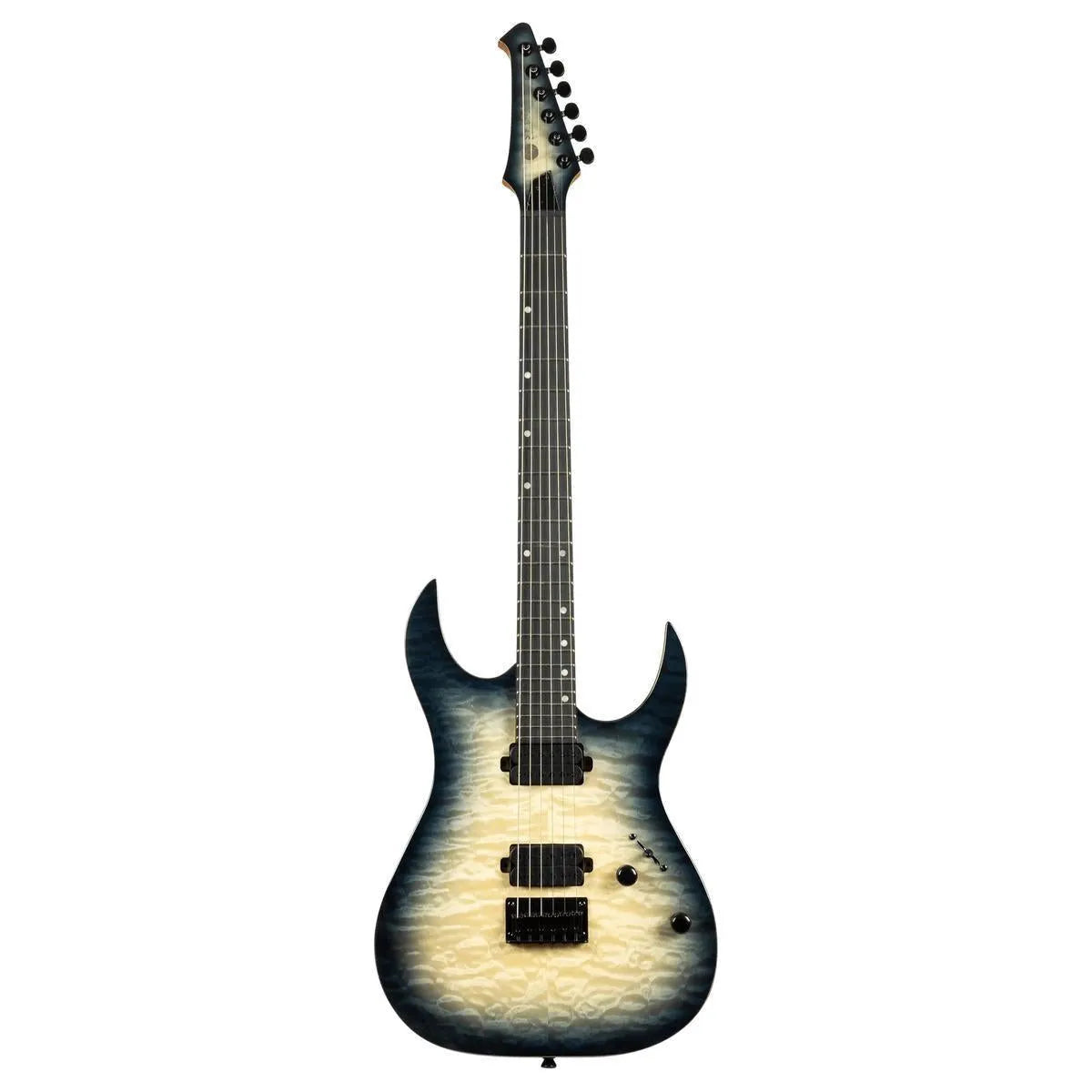 Spira S-500 QGY E electric guitar with transparent grey gloss finish over quilted maple top.