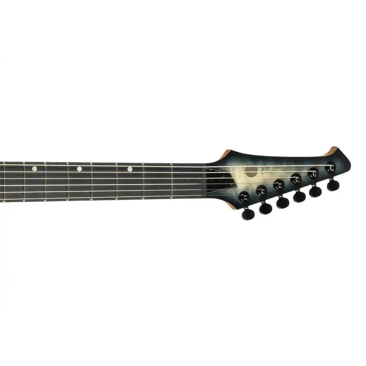 Spira S-500 QGY E electric guitar headstock and neck with transparent grey finish and black tuners.