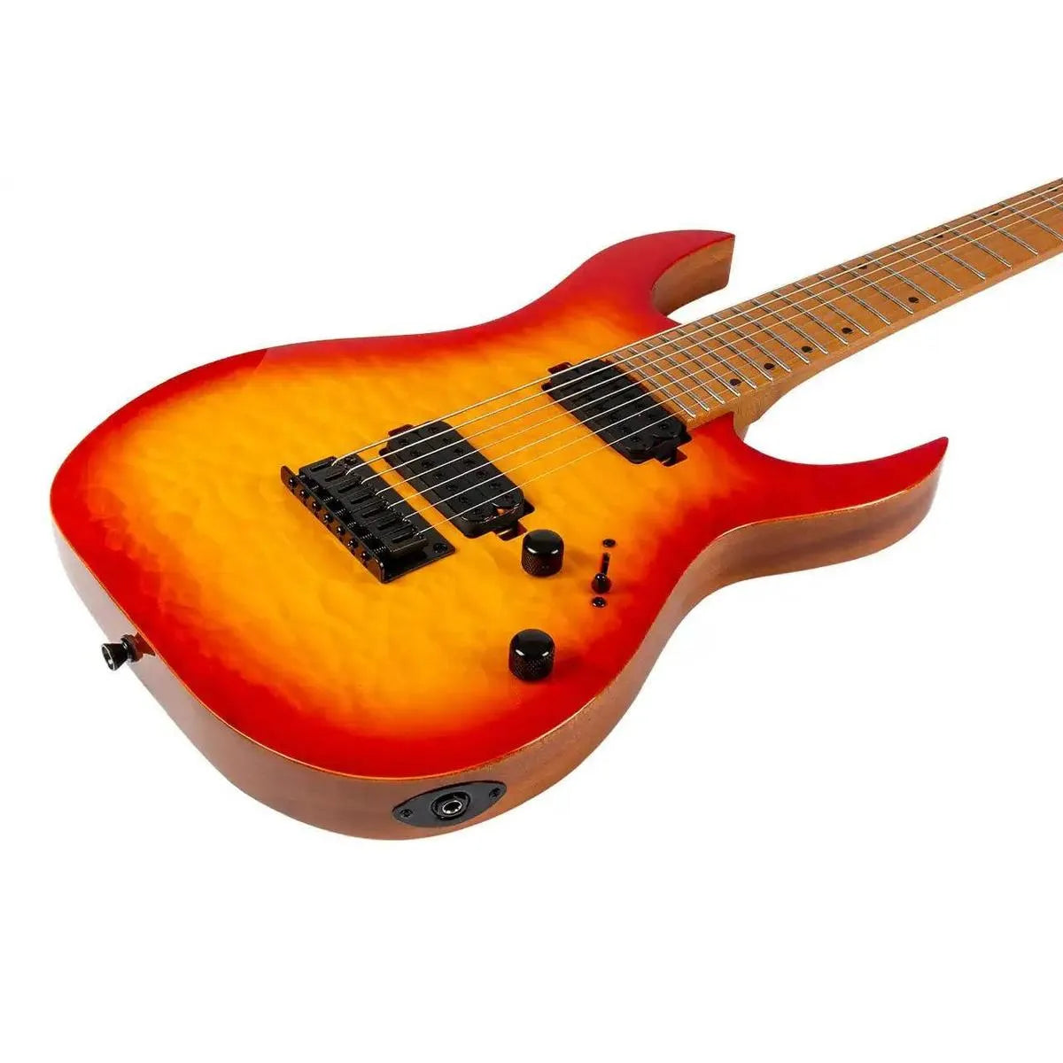 Spira S-507 QFB Fireburst 7-string electric guitar with quilted maple top and roasted maple neck.