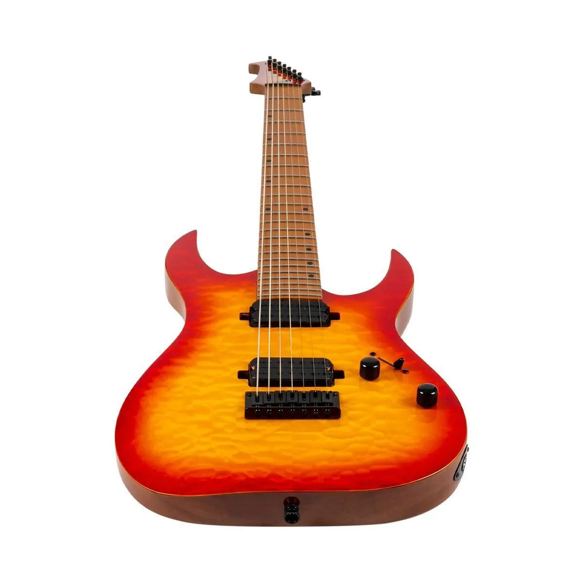 Spira S-507 QFB 7-string electric guitar with a quilted maple Fireburst finish and roasted maple neck.