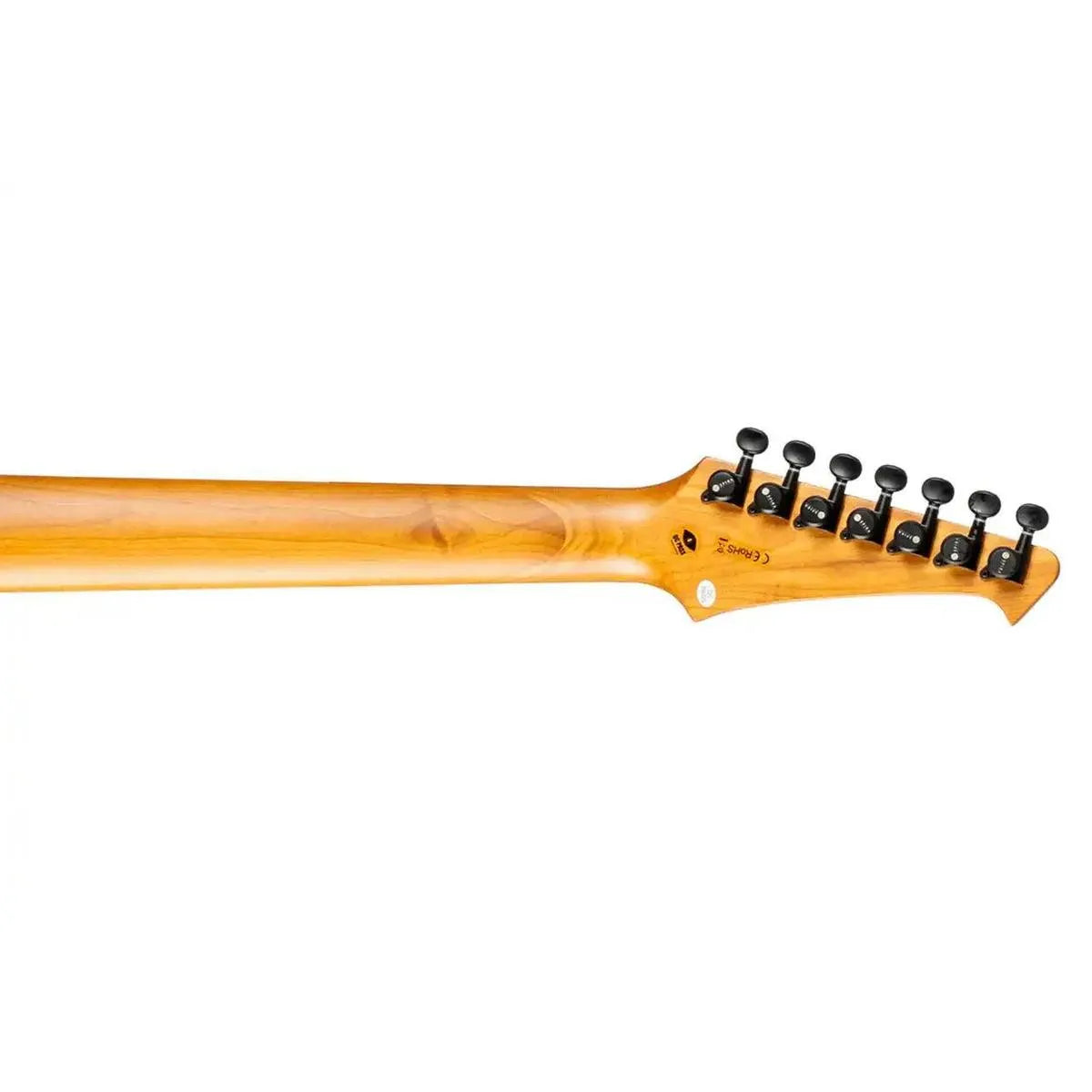 Spira S-507 QFB 7-string electric guitar's roasted maple neck and black headstock with tuners.